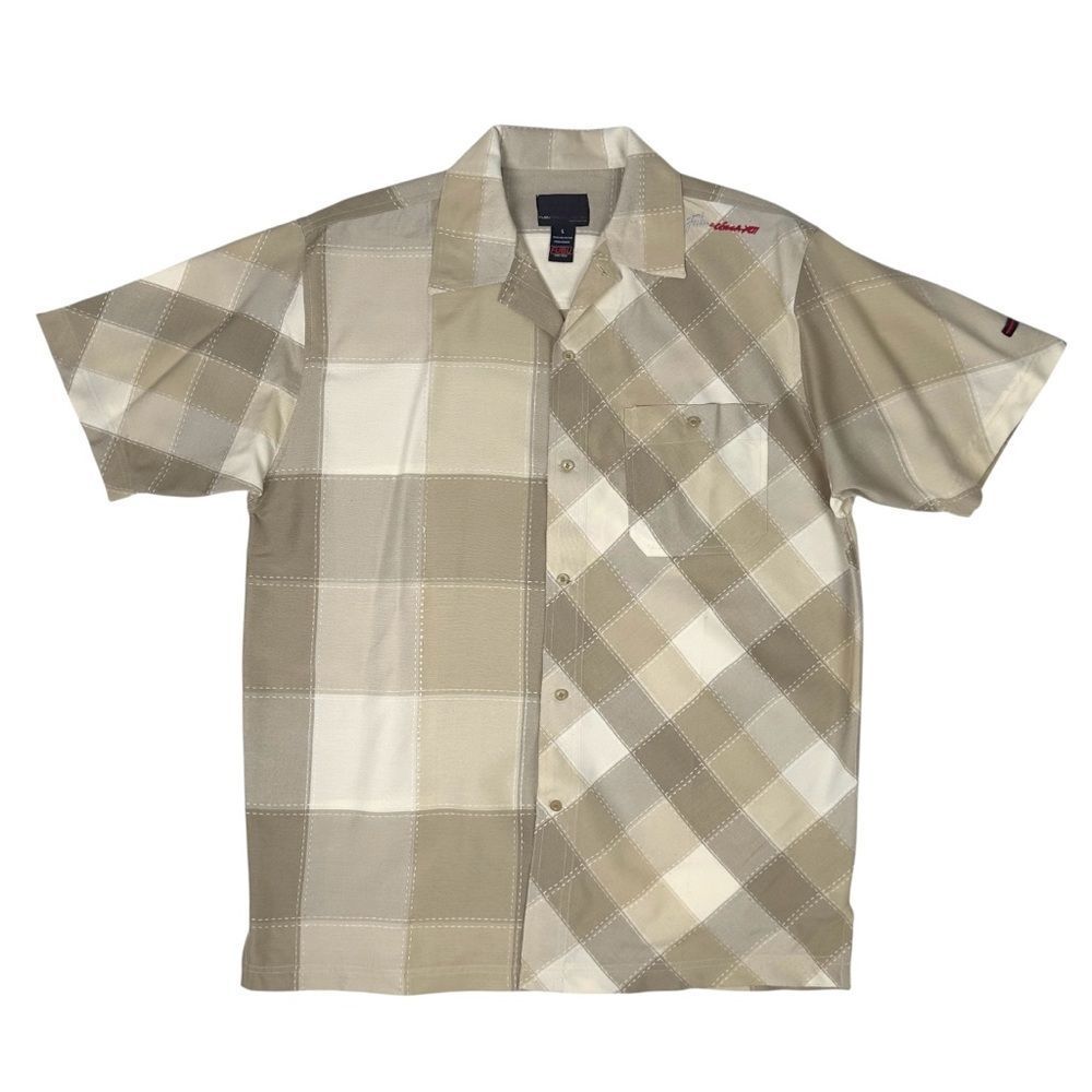 Vintage FUBU The Collection Button Up Shirt Mens L Beige Plaid Y2K Hip Hop